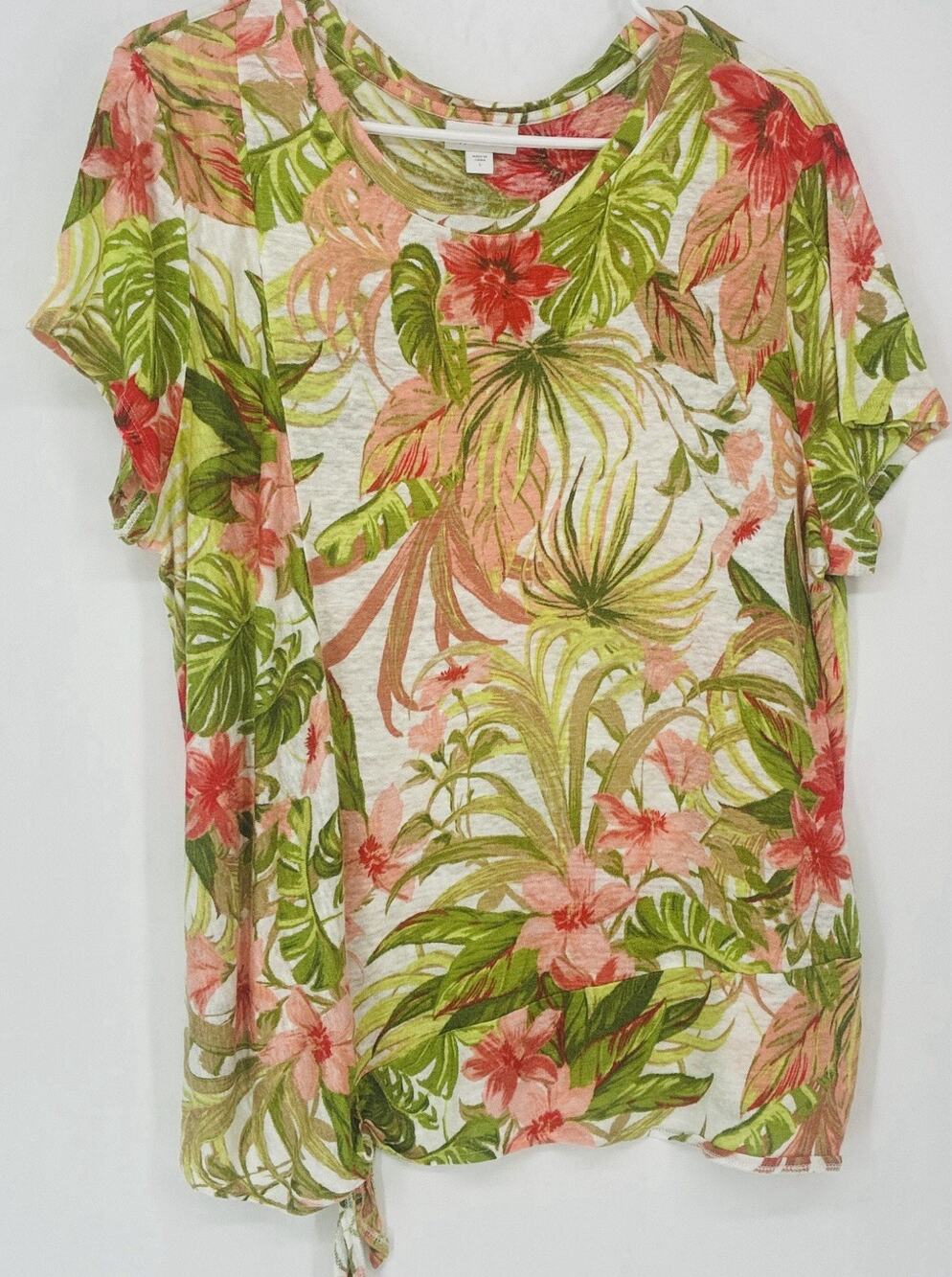 Bdl of 2 J.Jill Love Linen Shirts L Front Knot Floral & Solid Crew Neck Linen